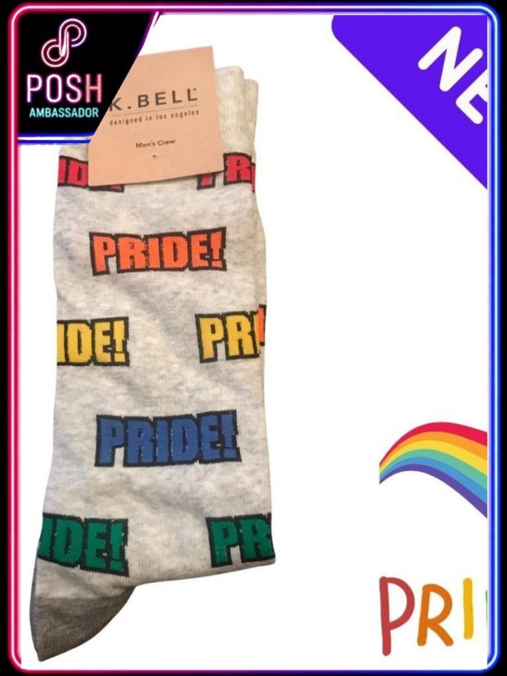 K Bell Mens Pride Rainbow Crew Socks Grey 10-13 LGBTQ Gift NEW